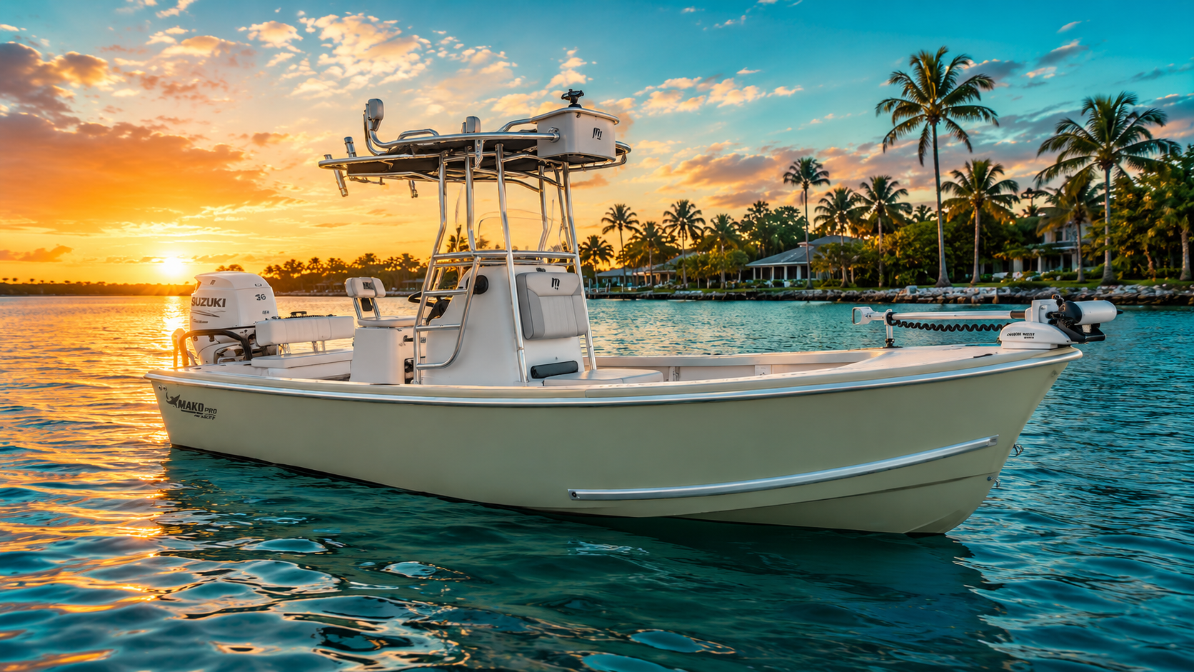 Precision Backcountry Charters skiff boat at sunset in turquoise Florida waters