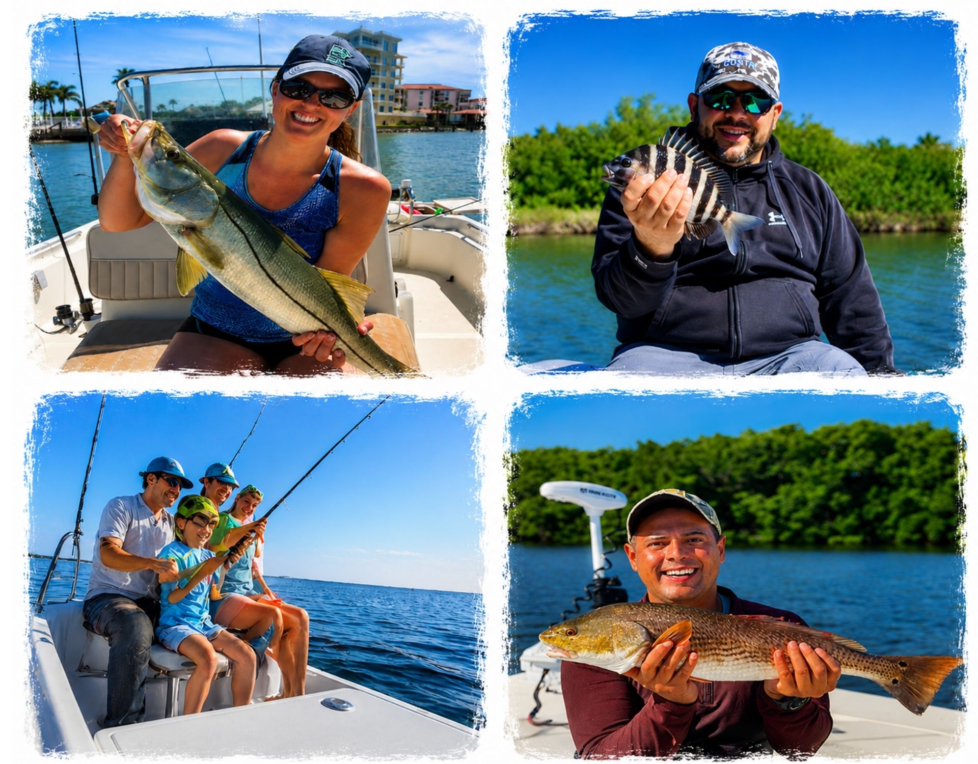 Collage of guests holding fish during private fishing charters in Tampa Bay with painted photo borders