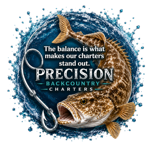 Precision Backcountry Charters fishing logo with realistic grouper fish, ocean water splash, and silver fishing hook