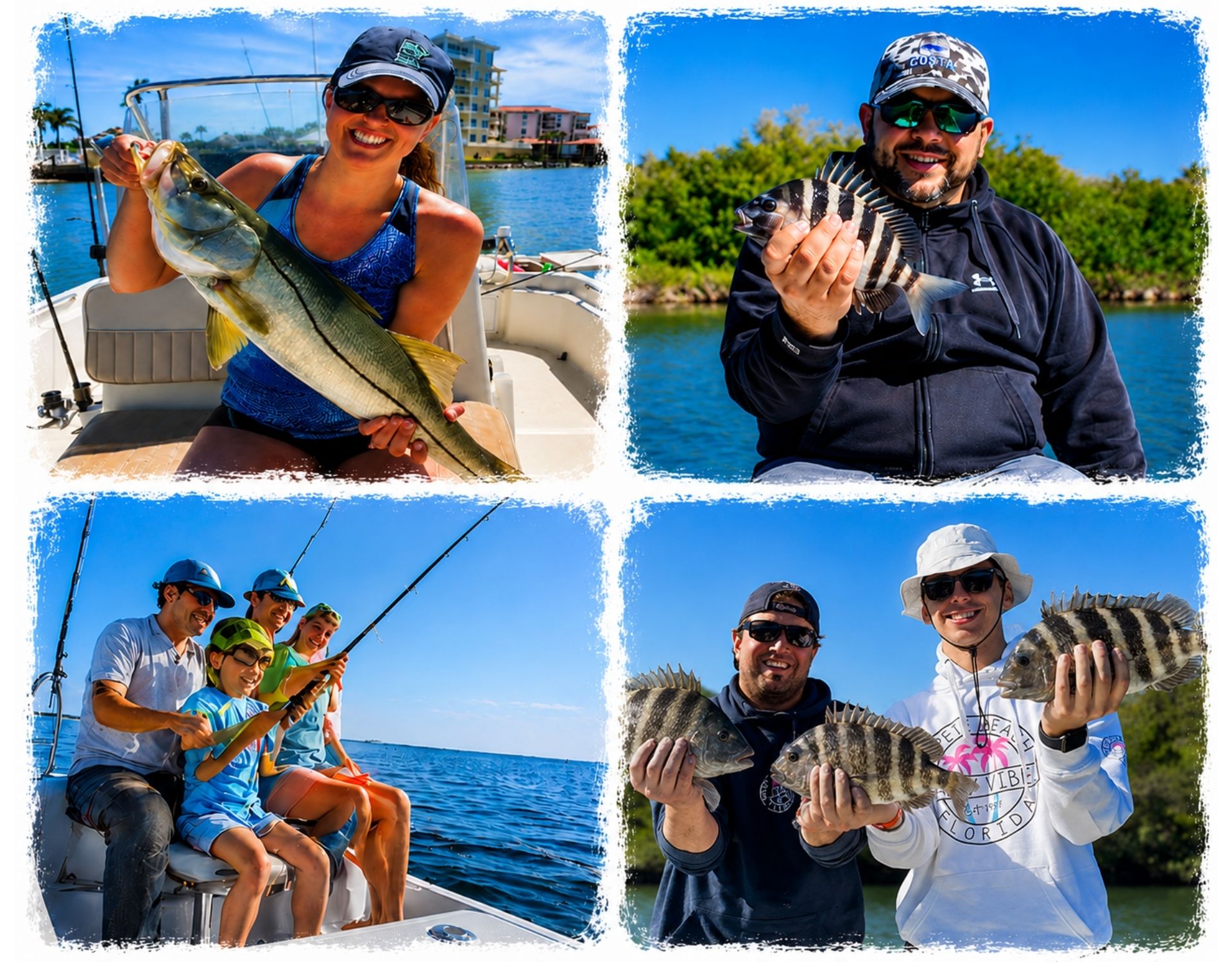 Collage of happy guests and families holding fish during private fishing charters in St. Pete Beach and Tampa Bay